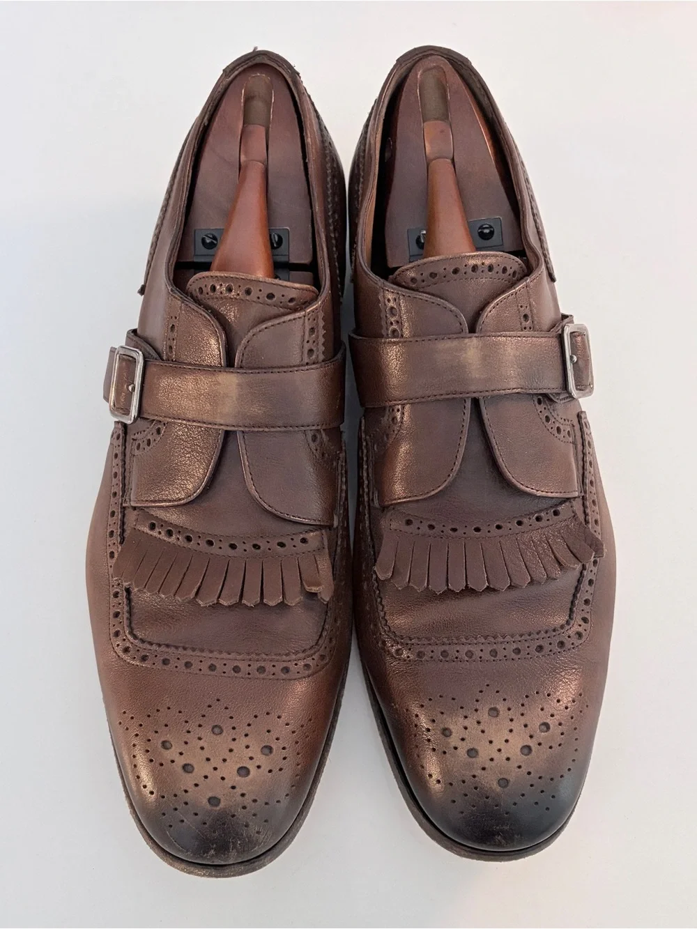 Prada Brown Leather Kiltie Monk Strap Oxfords